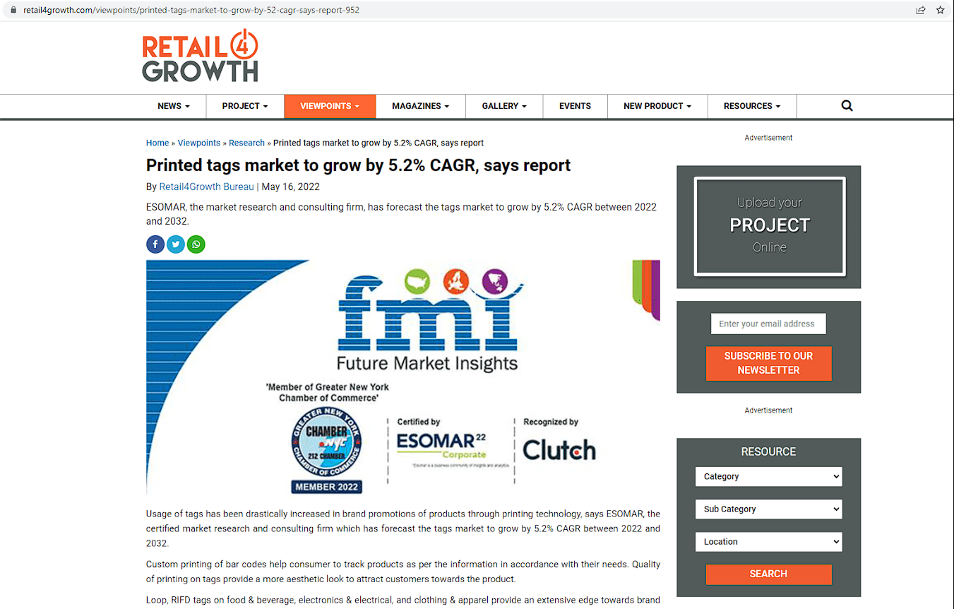 市場(chǎng)研究和咨詢(xún)公司 ESOMAR 預(yù)測(cè)，從 2022 年到 2032 年，標(biāo)簽市場(chǎng)的復(fù)合年增長(zhǎng)率將達(dá)到 5.2%